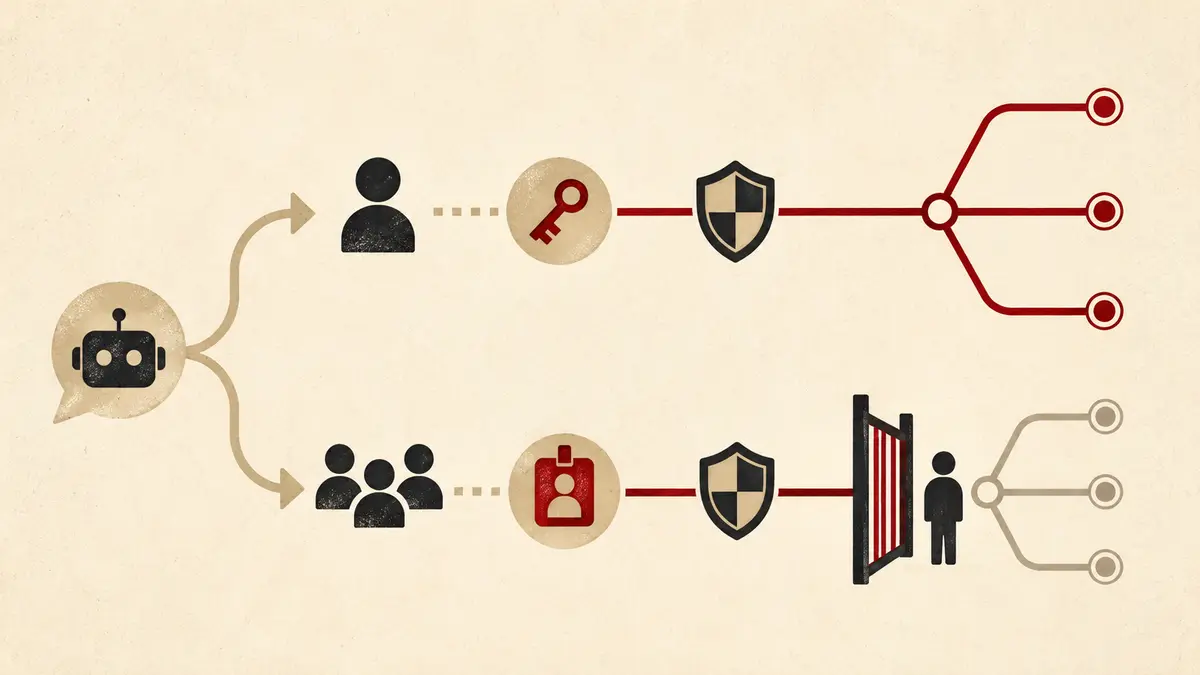 Two geometric permission paths show an individual identity reaching a repository branch and a shared application identity stopping at a human review gate