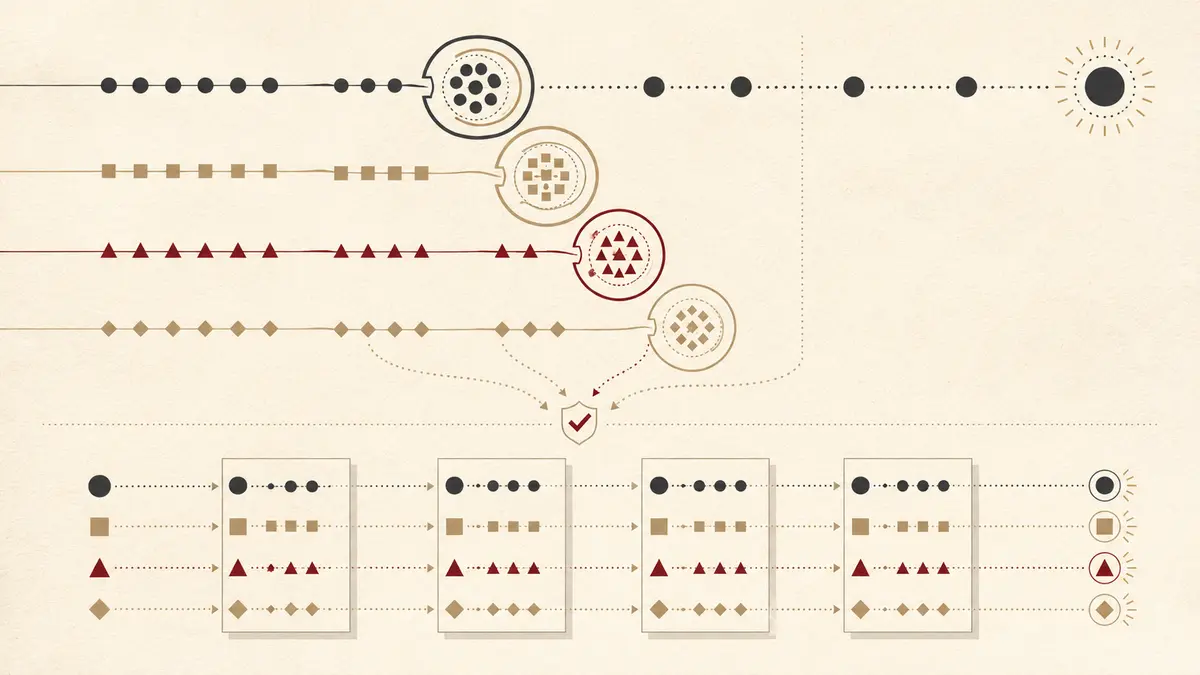 Abstract agent streams remain separated while stable identity tokens connect measurements across reporting periods.