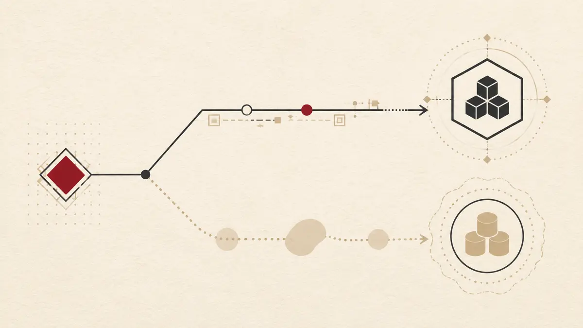 Two abstract routing lanes show an explicit rule selecting one compute backend and a muted default path selecting another.