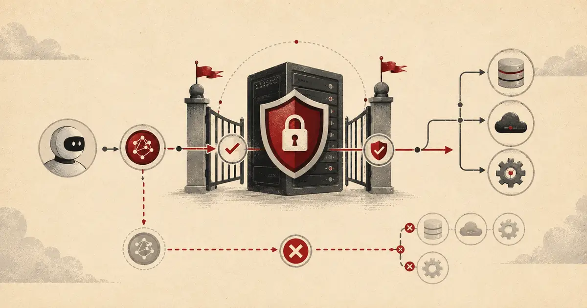 Flat editorial illustration of a token boundary between an MCP server and downstream systems, with guarded paths and blocked unsafe passthrough