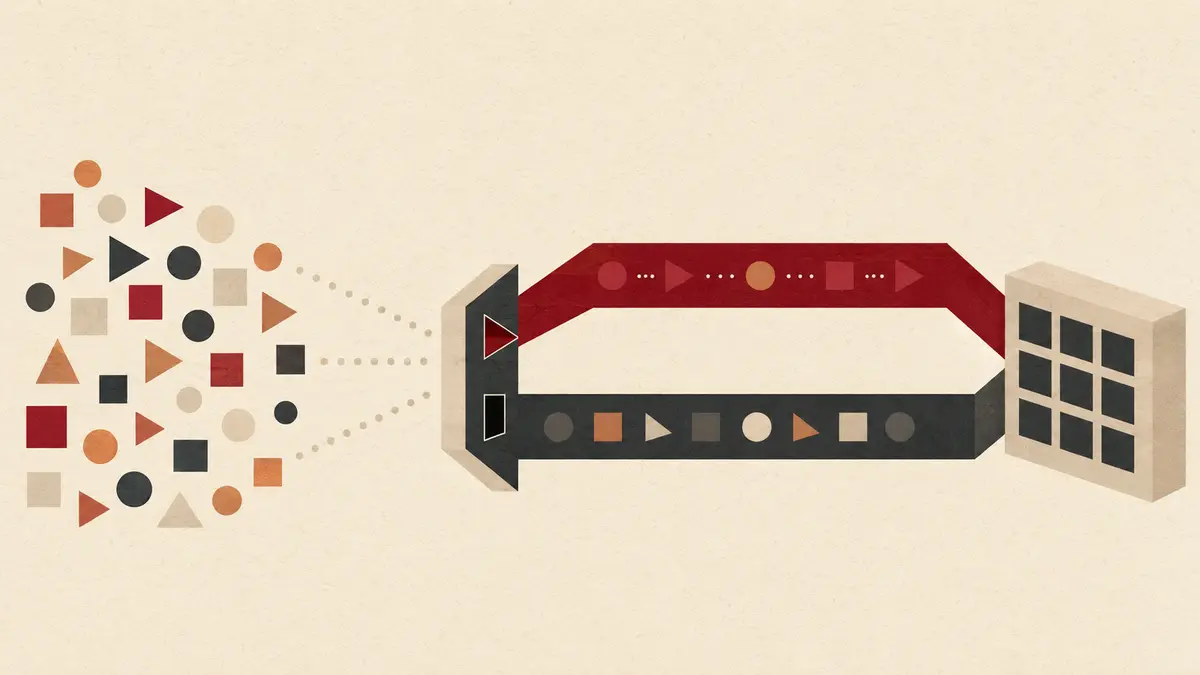 Flat editorial illustration of geometric API requests passing through a policy gate into standard charcoal and fast crimson processing lanes