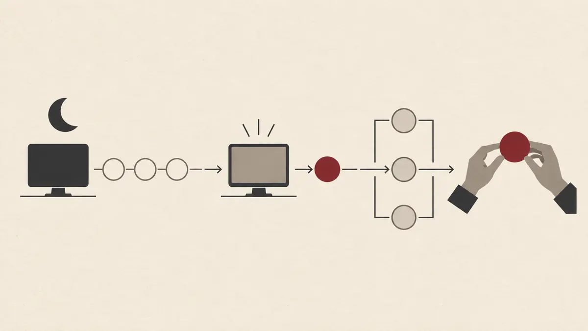 A dormant workstation misses scheduled nodes, then wakes for one catch-up run that proceeds through a single queue and isolated review path